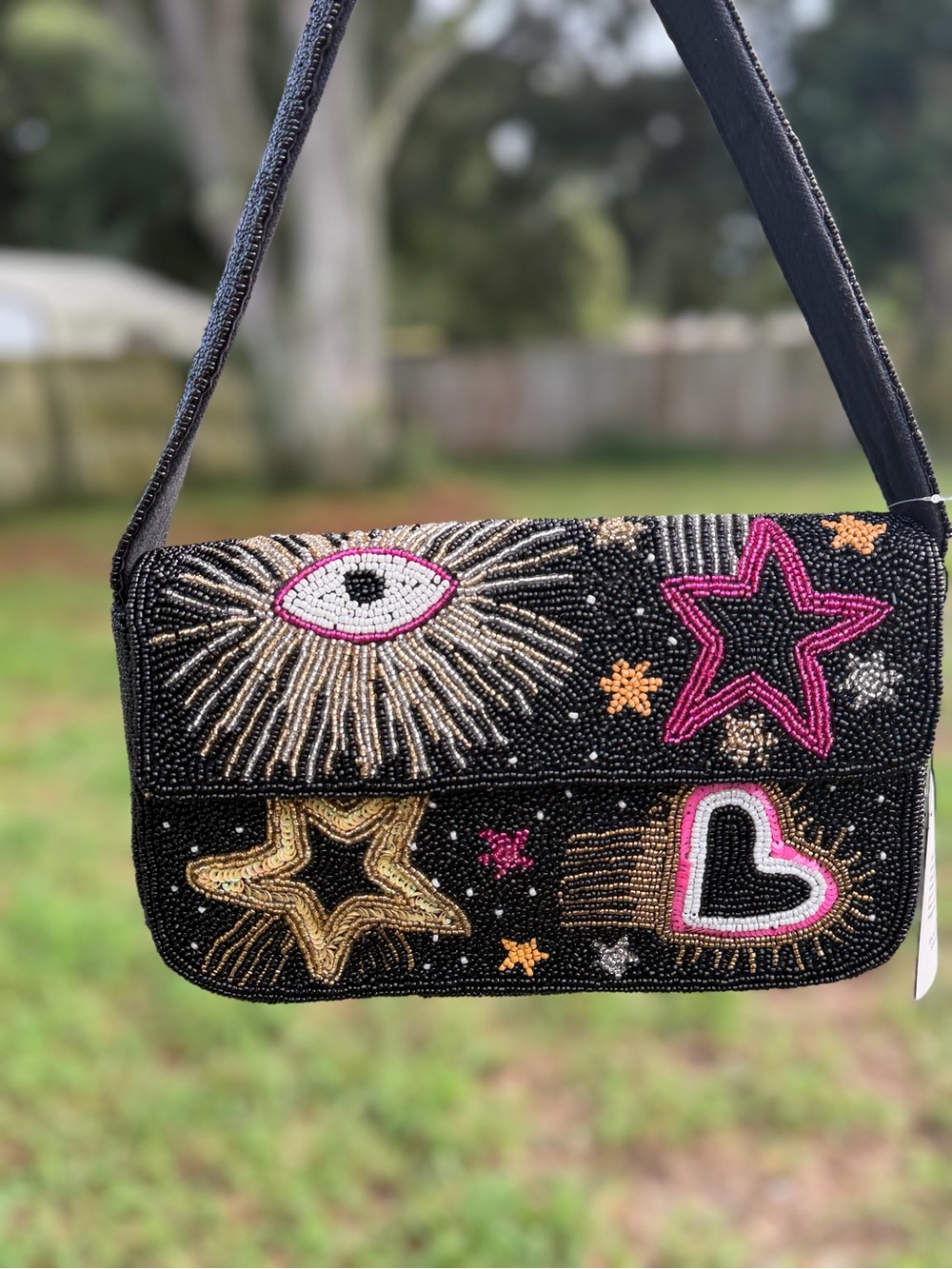 Viral Tj maxx Beaded Black Star & Heart Shoulder Bag